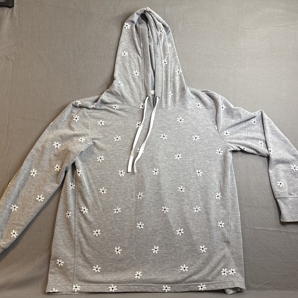 Jane And Delaney Flowered Hoodie Size Large W/Drawstring Heather Gray